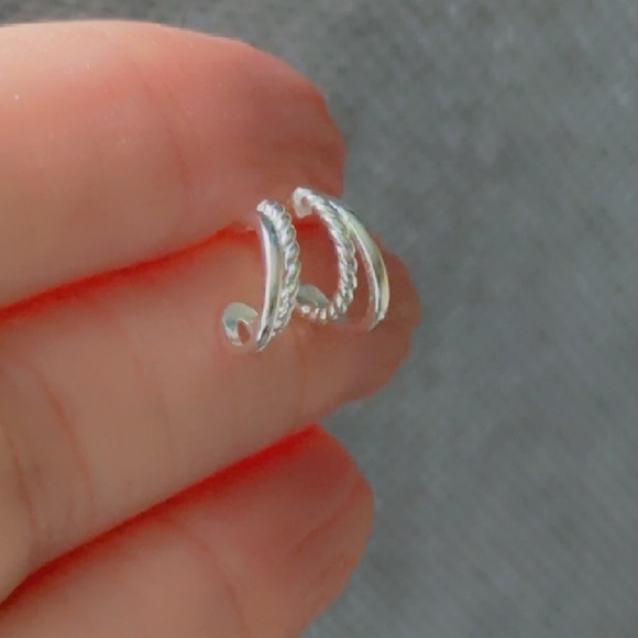 Sterling Silver Double Hoop Smooth and Twist Tiny Huggy Earrings - Picture 10 of 13